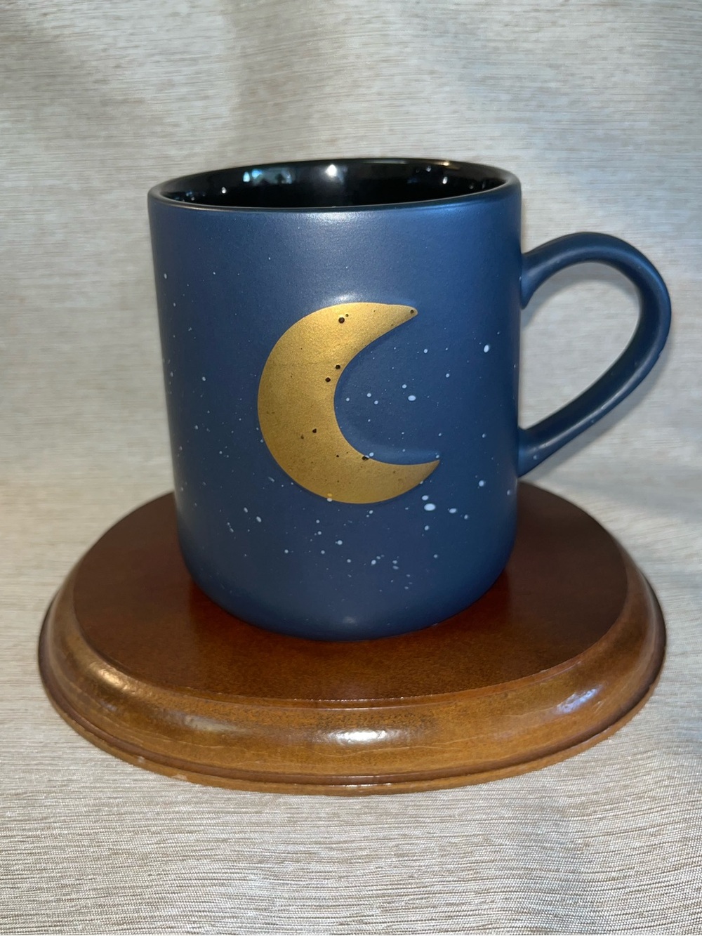 Celestial Moon Mug Navy Blue Gold Crescent Speckled Night Sky Coffee Cup 16 oz.